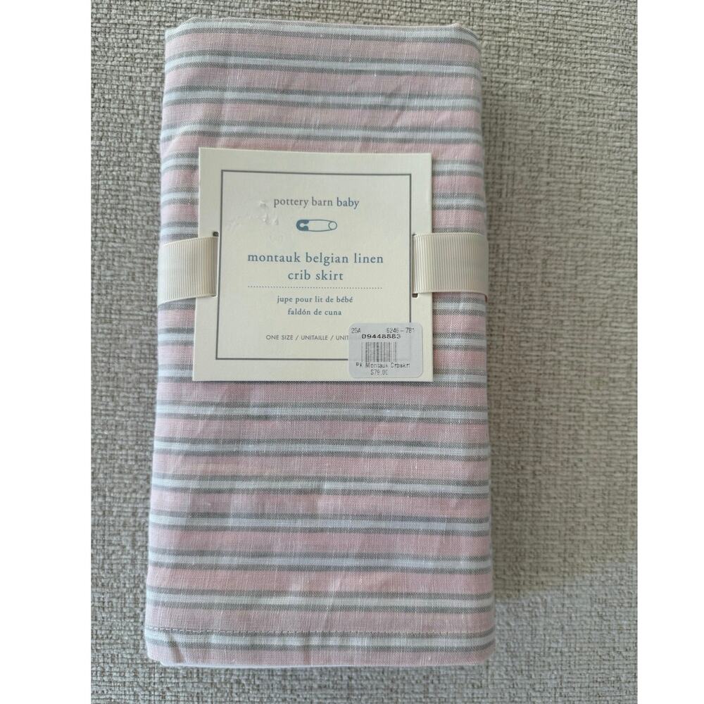 NWT Pottery Barn Baby Montauk Belgian Linen Crib‎ Skirt Pink Gray White Nursery